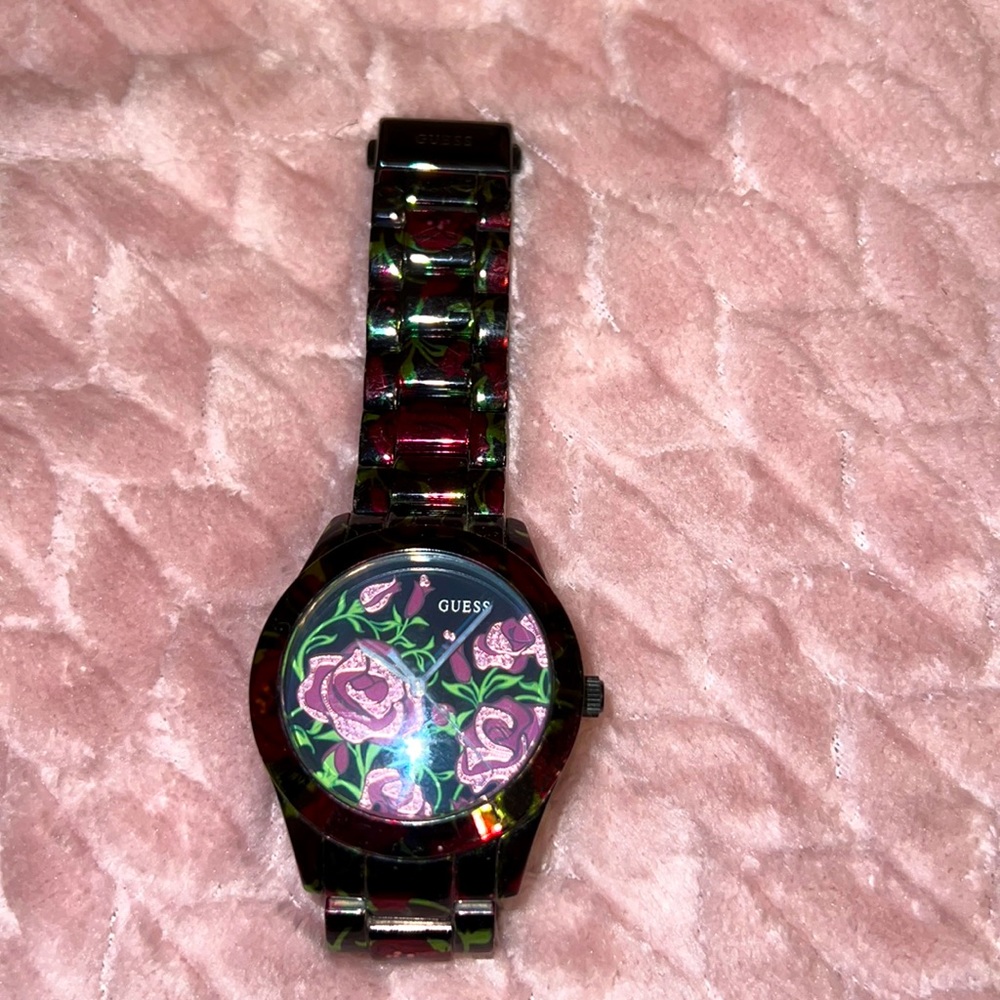 Beautiful Guess Watch with Purple roses on Face of Watch